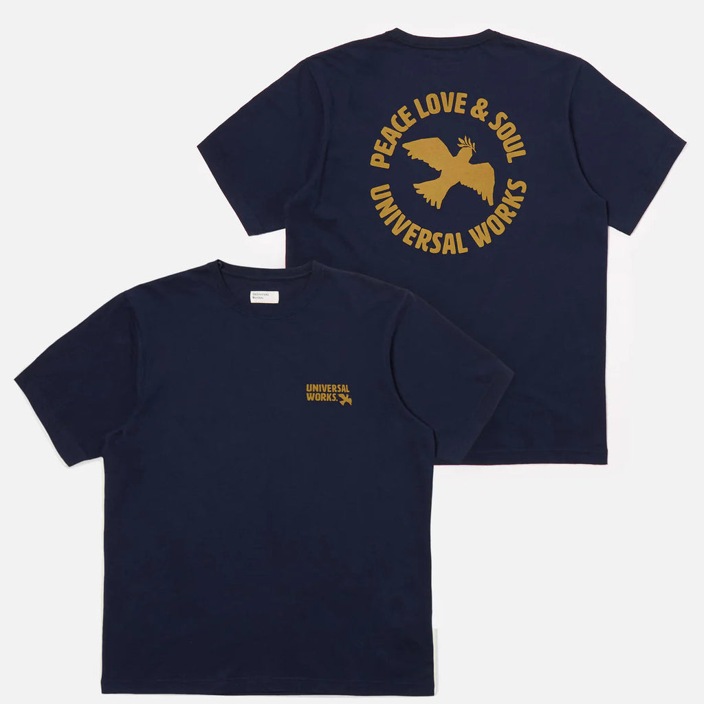 UNIVERSAL WORKS 'Peace, Love & Soul' Print Jersey T-Shirt | Navy