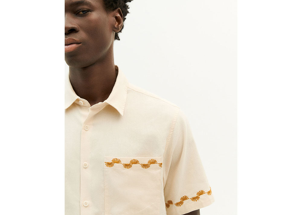 THINKING MU Embroidered Border Shirt | Ecru Organic Cotton
