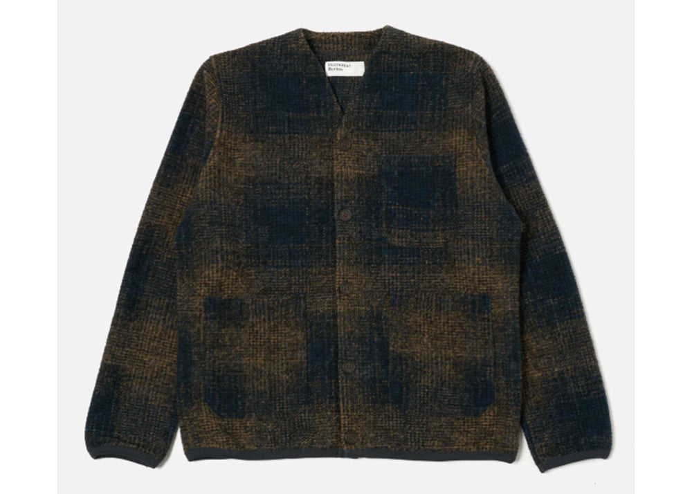 UNIVERSAL WORKS UW Wool Fleece Cardigan Agu Check | Navy / Sand