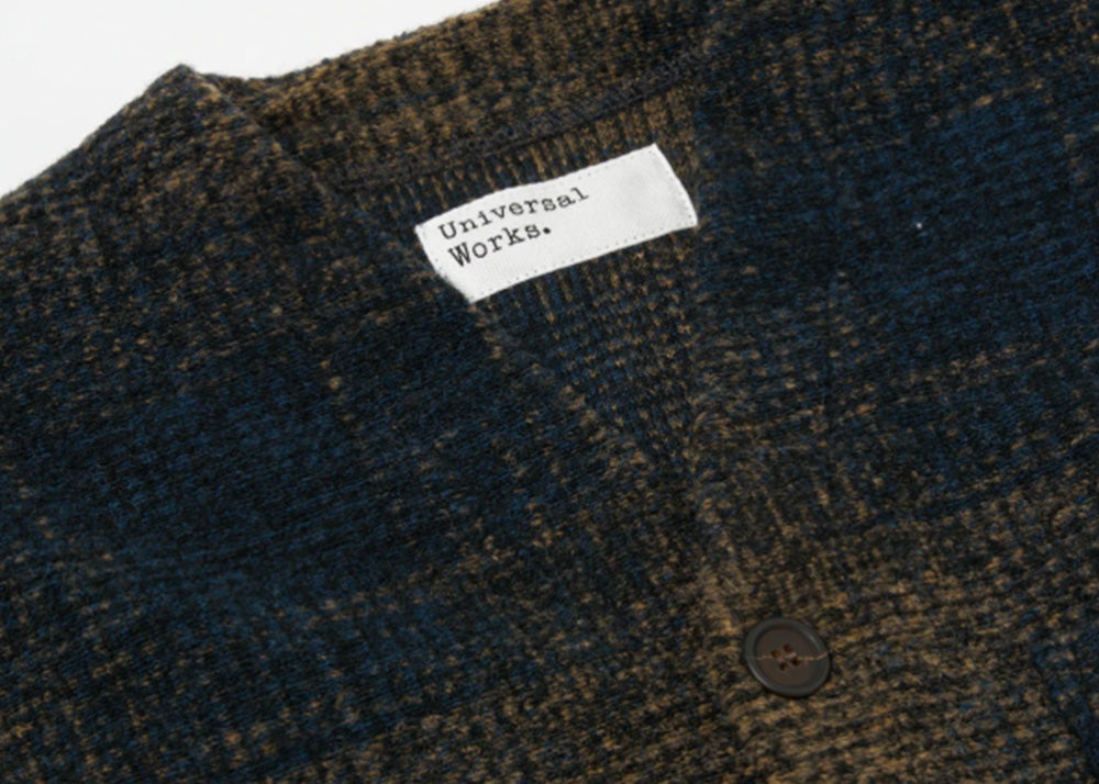 UNIVERSAL WORKS UW Wool Fleece Cardigan Agu Check | Navy / Sand