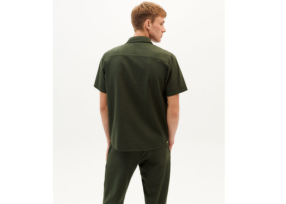 THINKING MU Short Sleeve Shirt Organic Cotton | Green Seersucker